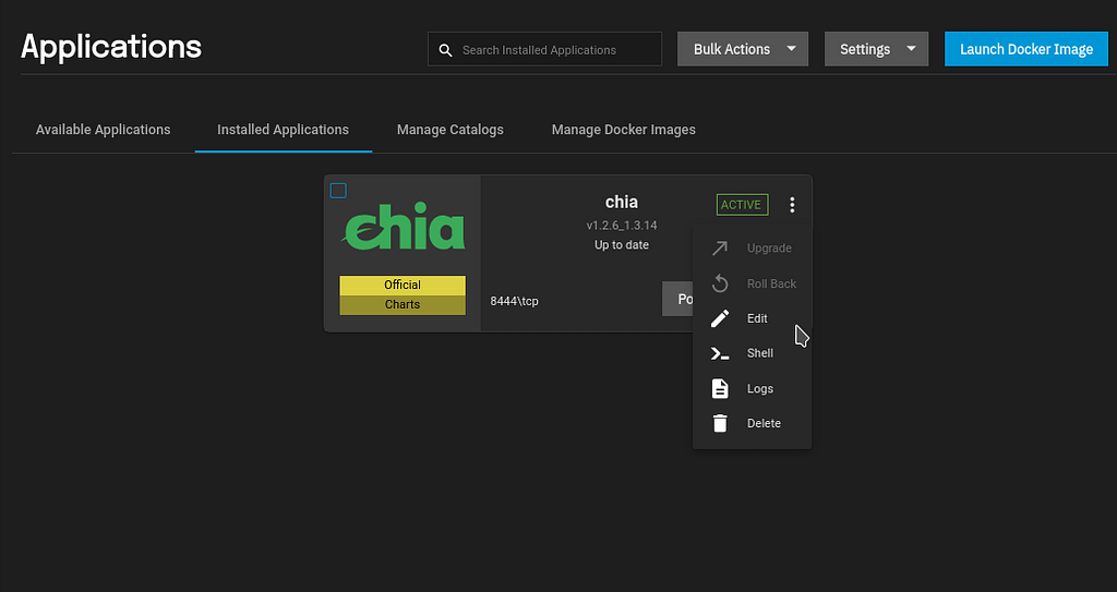Open Shell Chia App TrueNAS SCALE